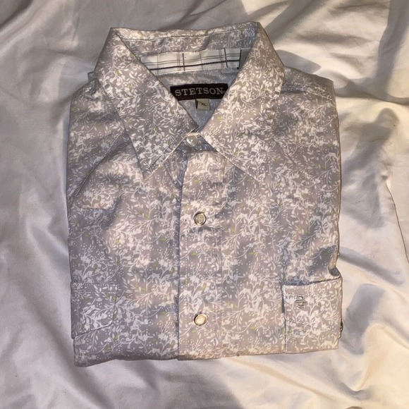 Stetson Shirt Mens XL Grey Logo Pearl Snap Fancy Cowboy Western USA Floral‎ - Picture 9 of 10